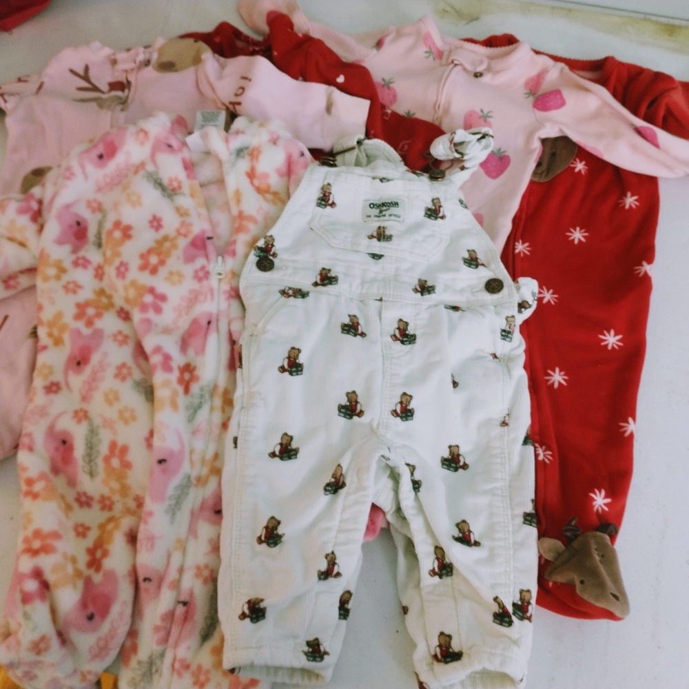 6 Months Osh Gosh White Teddy Print Overalls with Pink & Red Sleepwear Bundle